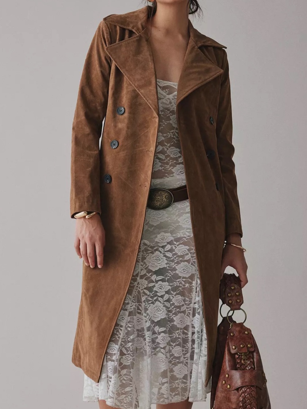 NWT Anthropologie Avec Les Filles Double-Breasted Faux Suede Belted Trench Coat